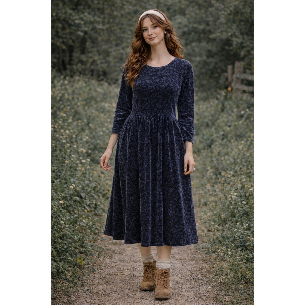 Cottagecore Tradwife Modest Vintage Y2K LL Bean Blue Velvet Floral Midi 12 Dress